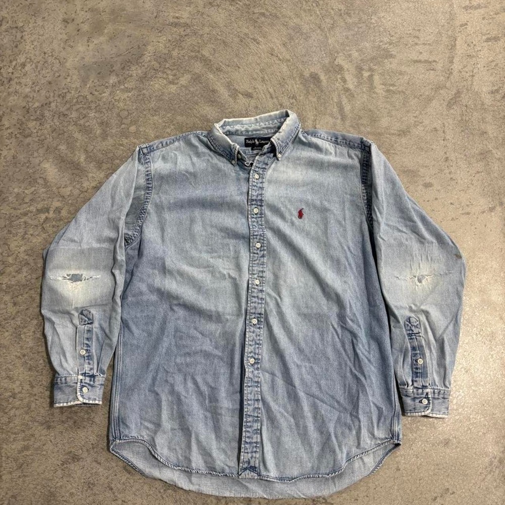Polo Ralph Lauren Distressed Denim Button Up Jean Jacket Elbow Patches Large